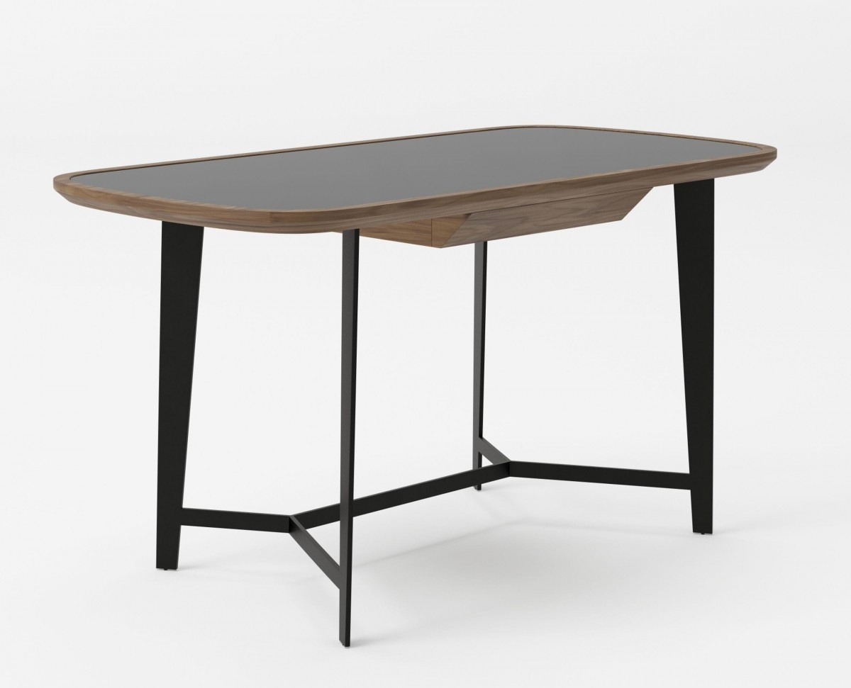 Modern Walnut Desk with Black Glass Top and Metal Base - Click Image to Close