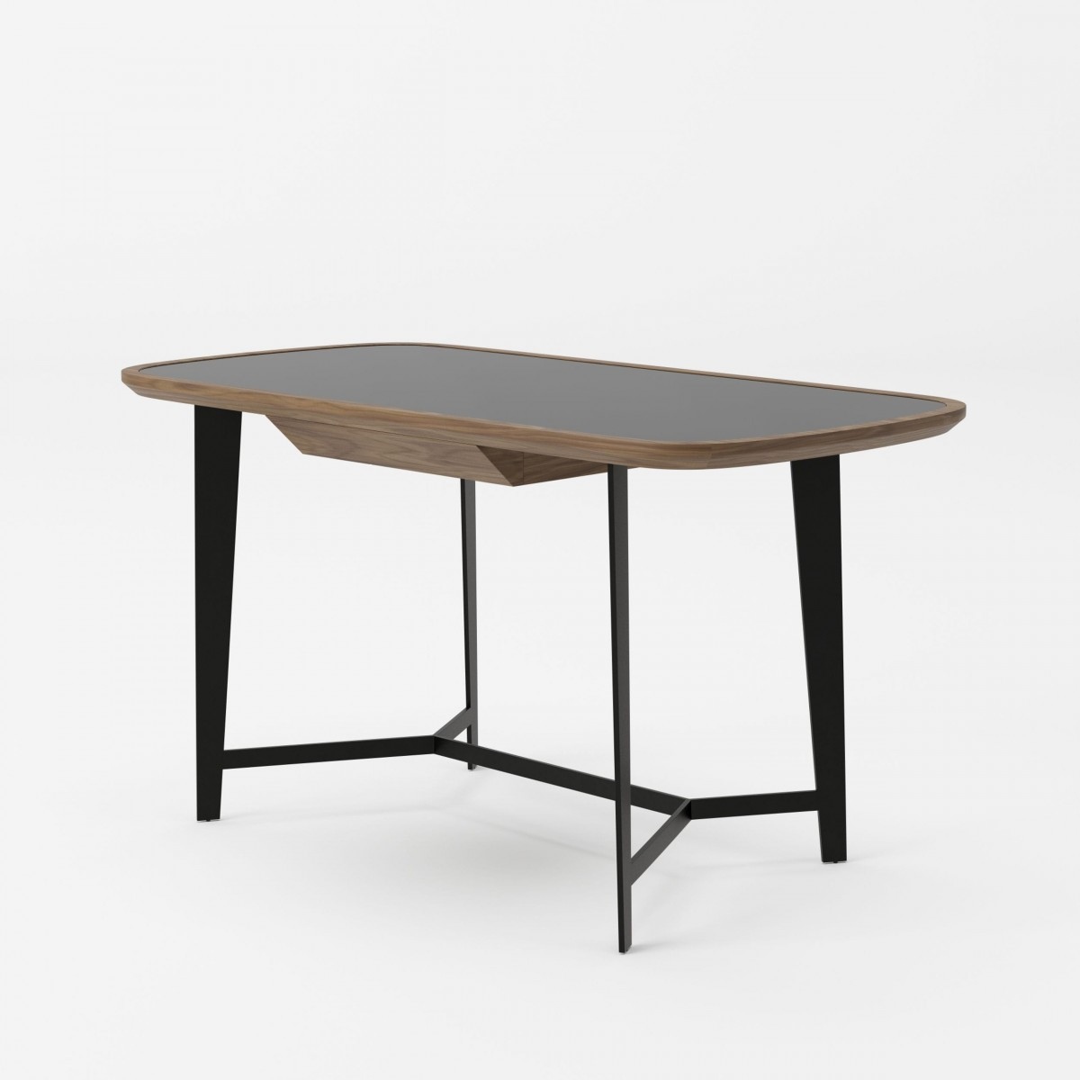 Modern Walnut Desk with Black Glass Top and Metal Base - Click Image to Close