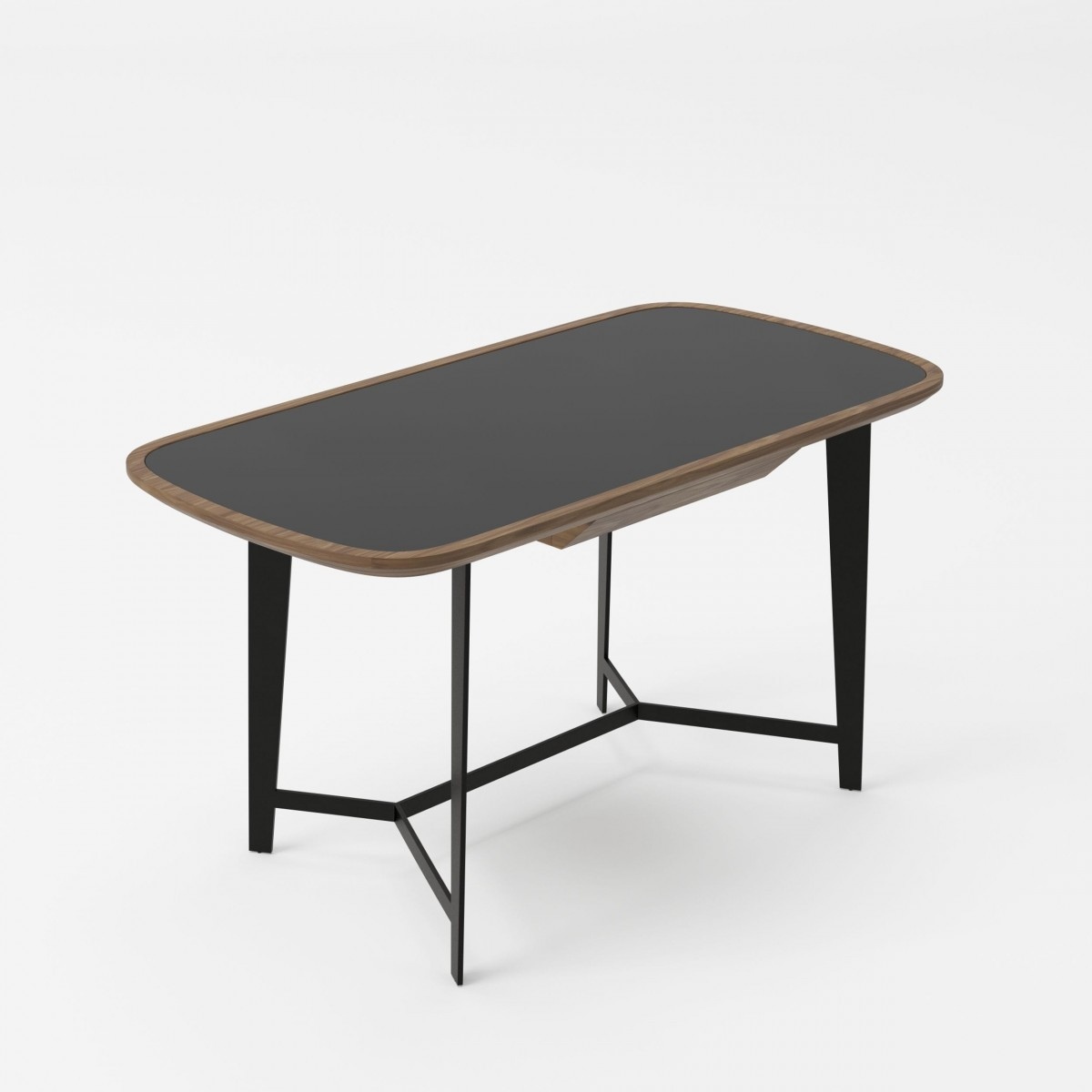 Modern Walnut Desk with Black Glass Top and Metal Base