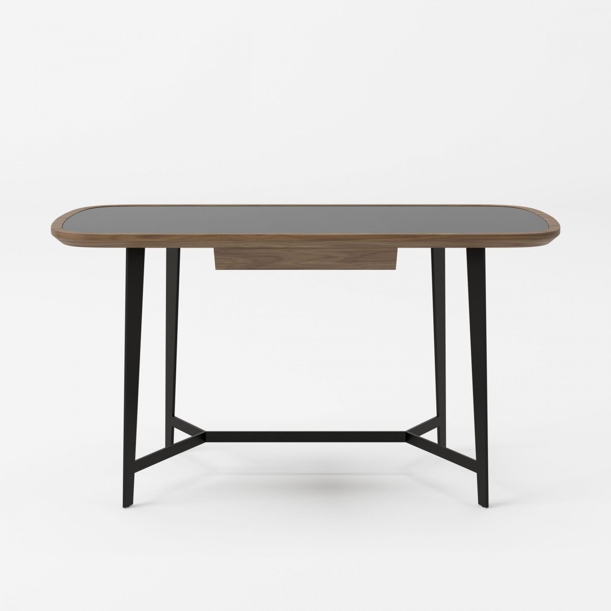 Modern Walnut Desk with Black Glass Top and Metal Base