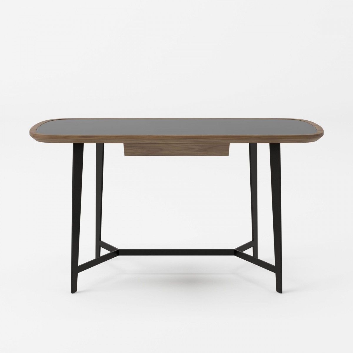 Modern Walnut Desk with Black Glass Top and Metal Base - Click Image to Close