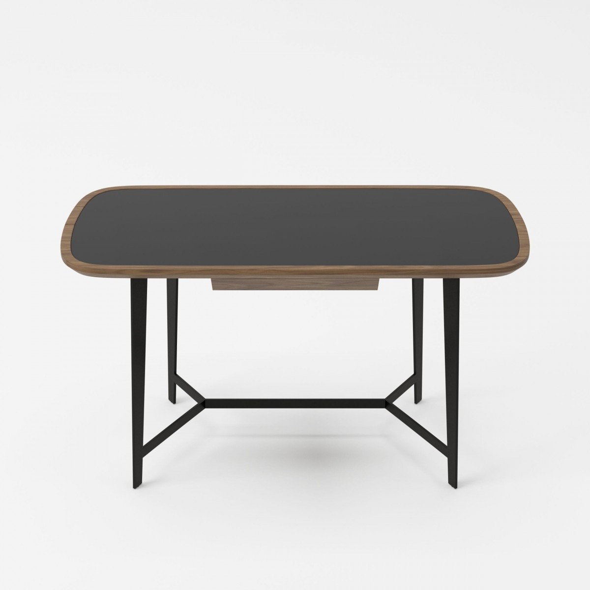 Modern Walnut Desk with Black Glass Top and Metal Base - Click Image to Close