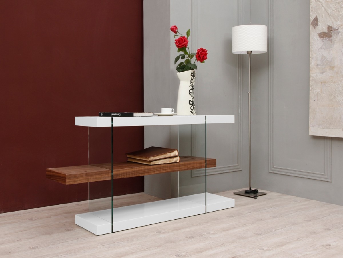 Glass Desk in White and Walnut with a Shelving Unit - Click Image to Close