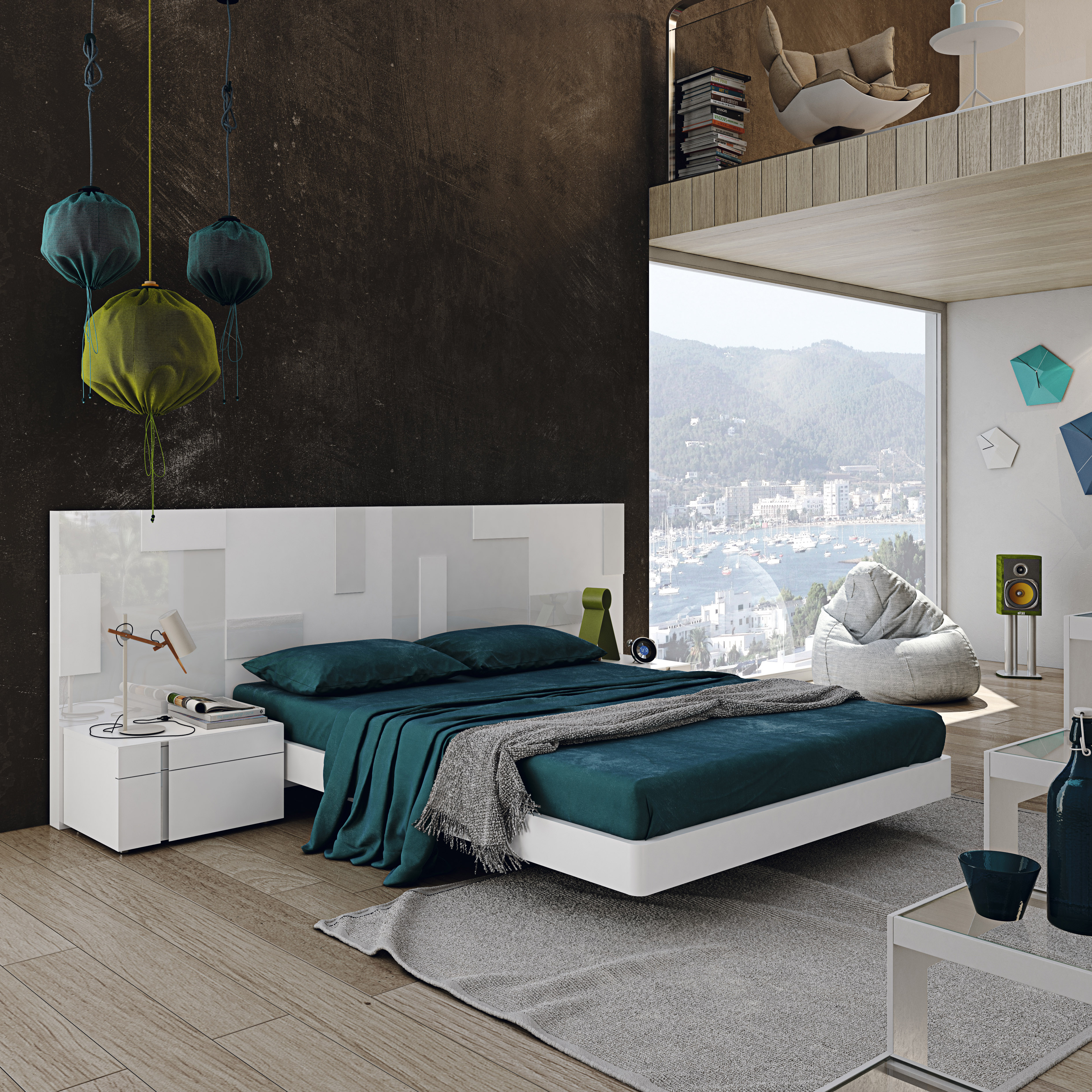 Lacquered Stylish Wood Platform and Headboard Bed