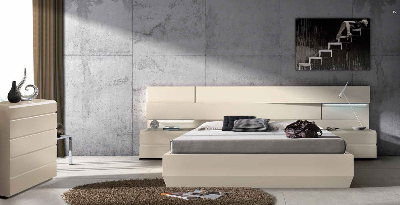 Lacquered Made in Spain Wood Platform and Headboard Bed with Lights - Click Image to Close
