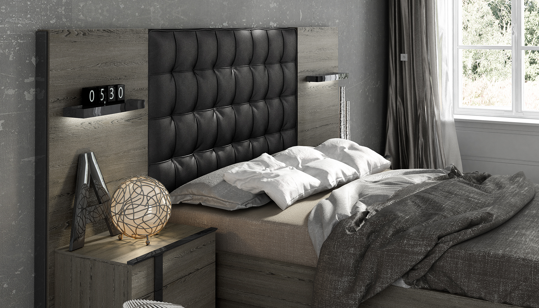 Sophisticated Leather High End Platform Bed with Tufted Headboard - Click Image to Close