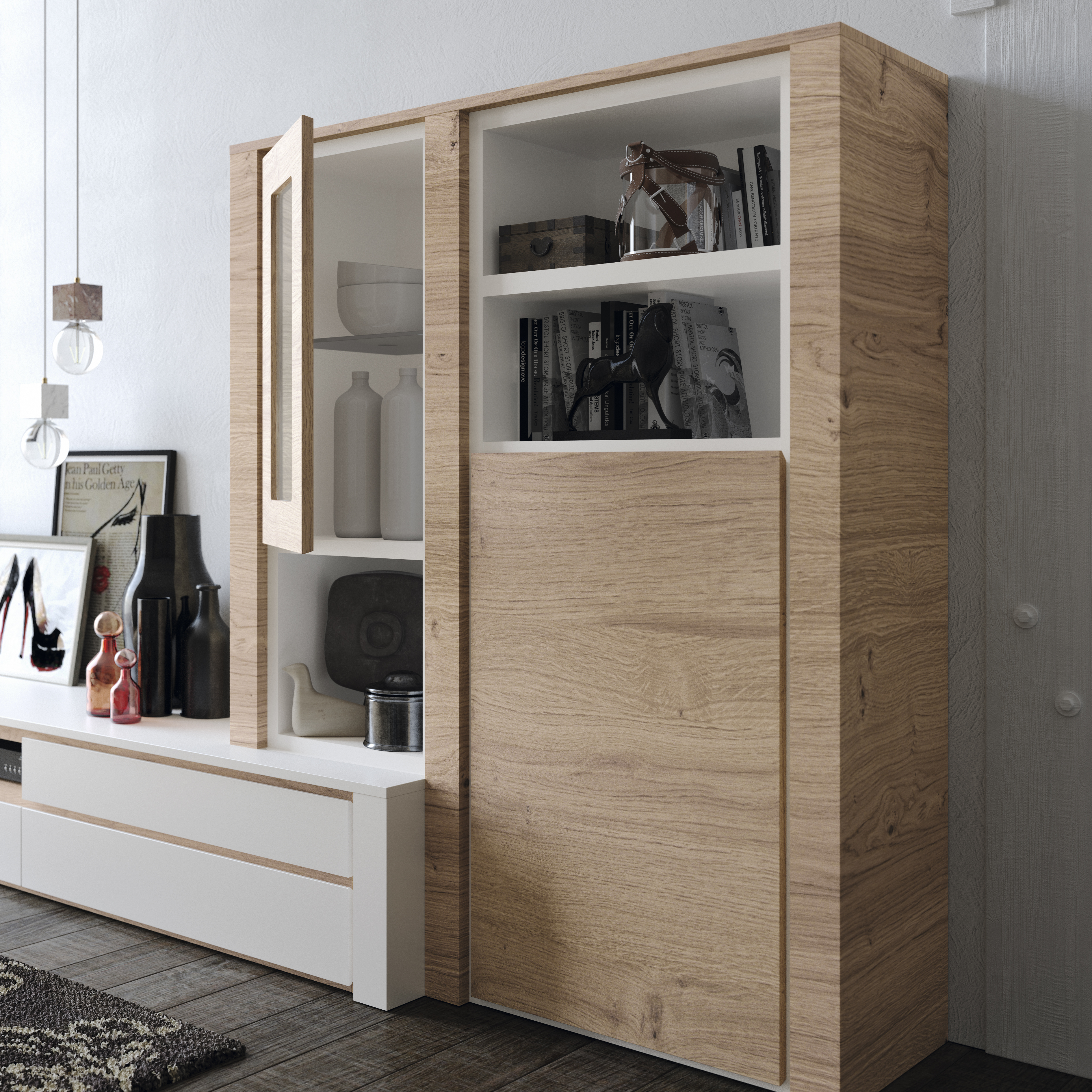 Elegant White and Natural Wood Combination Wall Unit - Click Image to Close