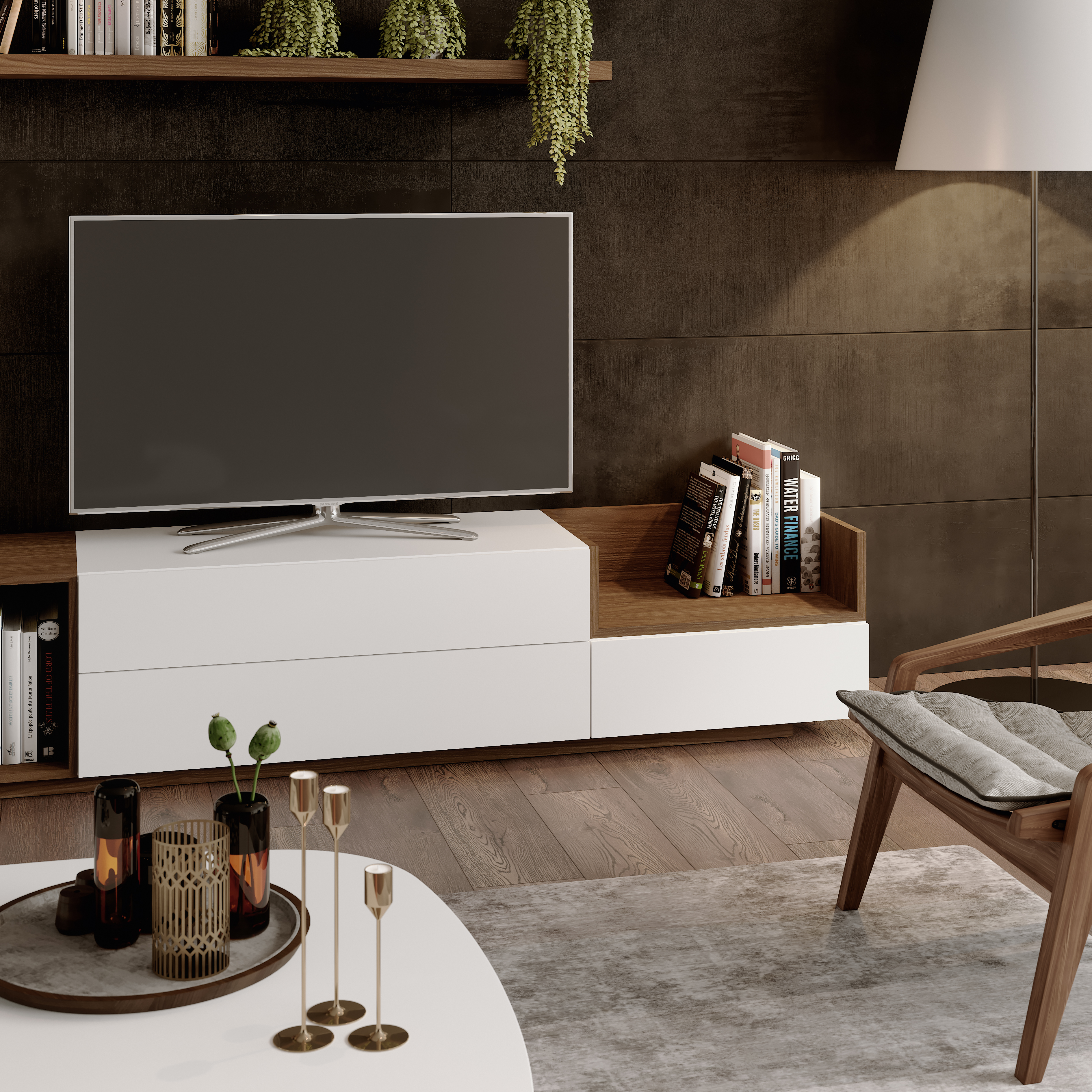 Elegant White TV Wall Unit with Glass Shelves - Click Image to Close