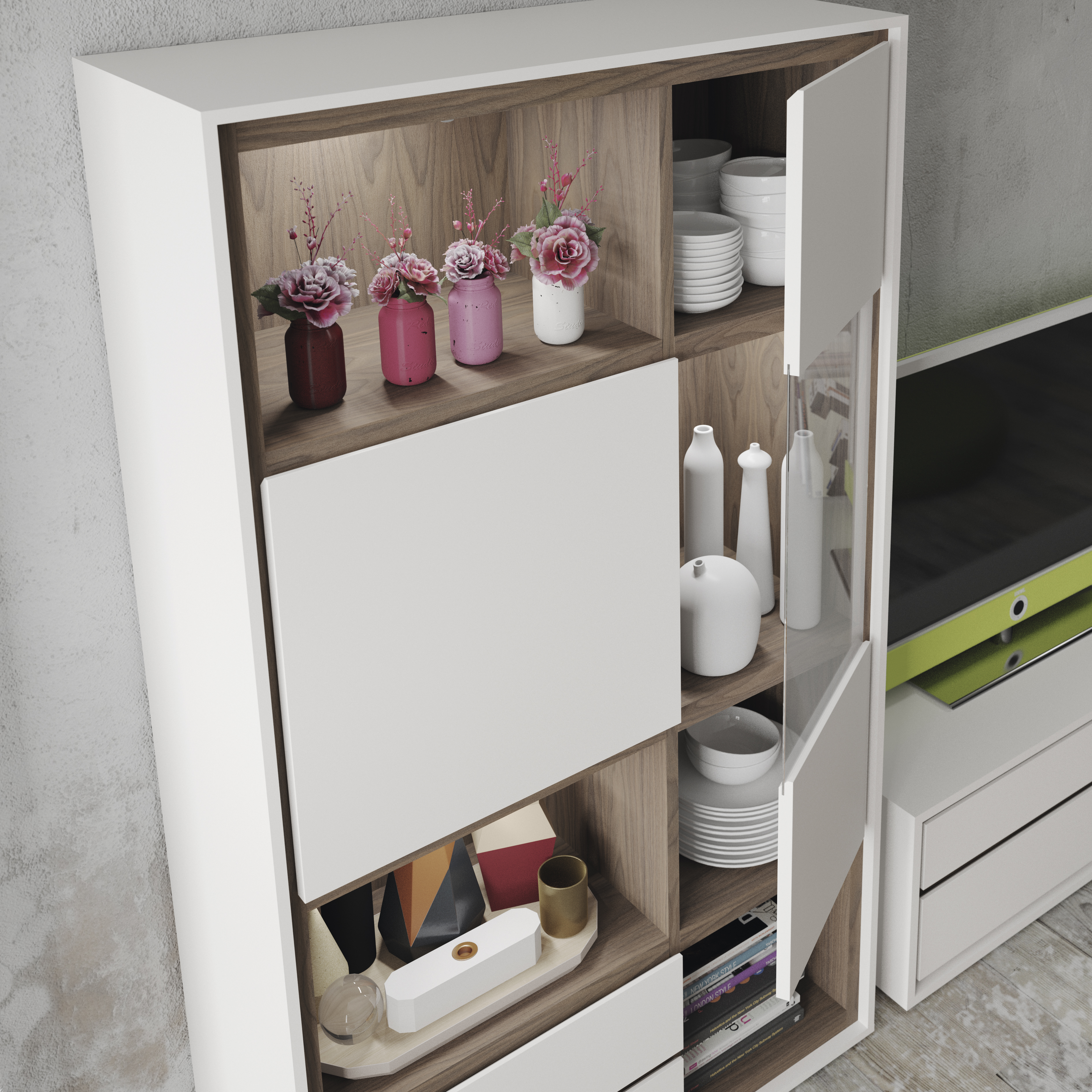 Matte White and Walnut Stone Wood Wall Unit - Click Image to Close