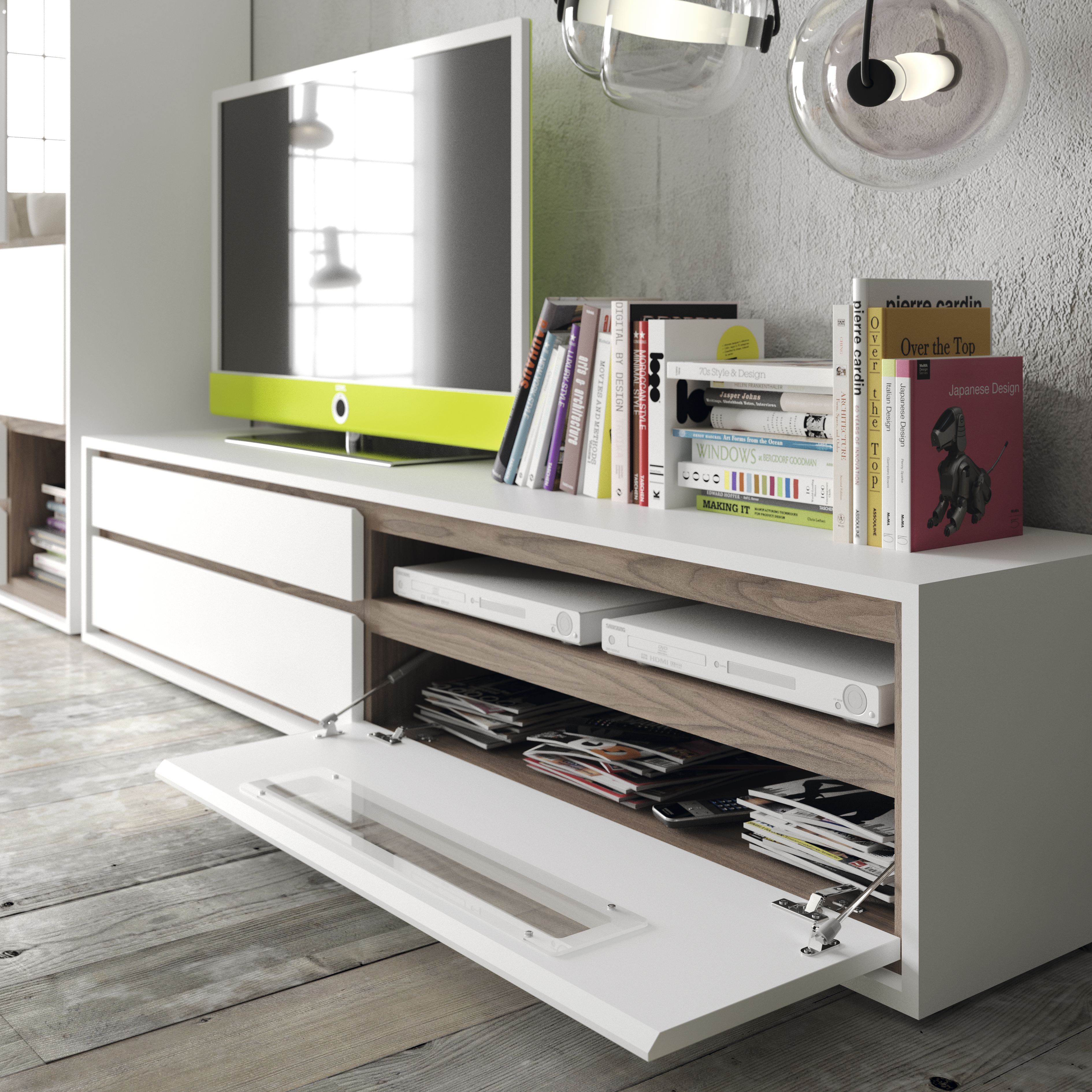 Matte White and Walnut Stone Wood Wall Unit - Click Image to Close