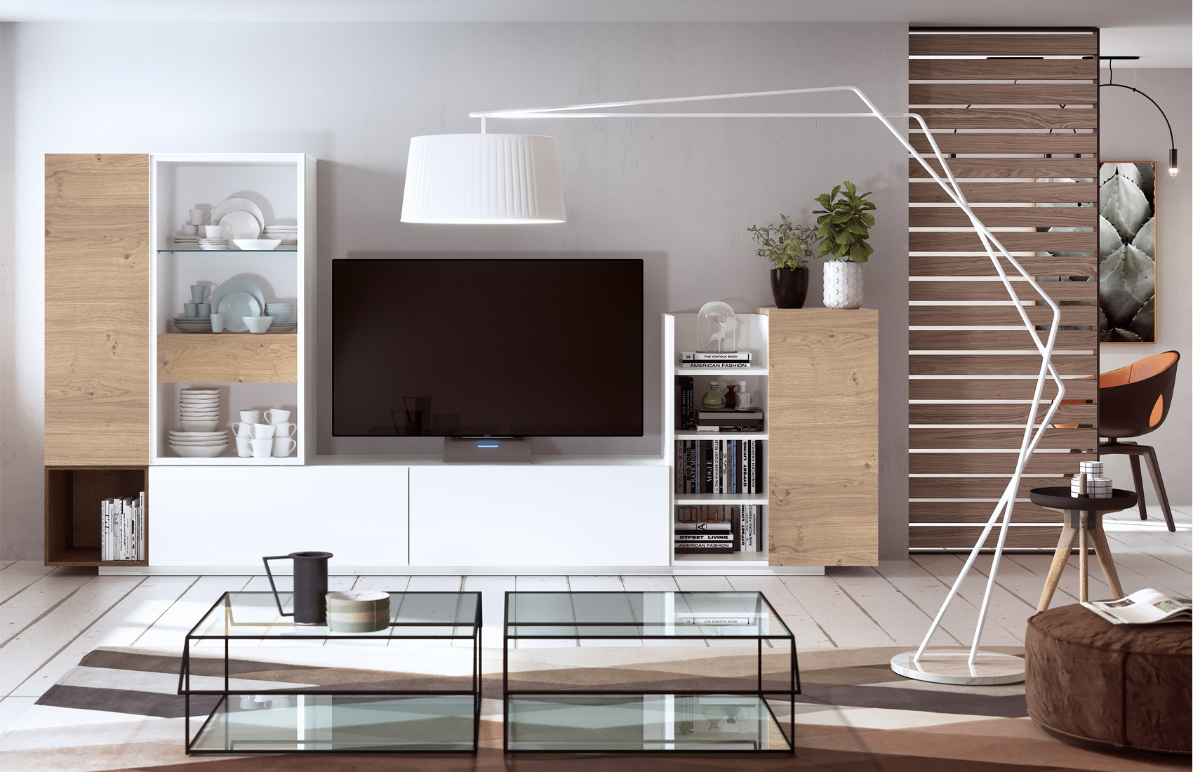 Modern Combination of White and Natural Wood Wall Unit - Click Image to Close