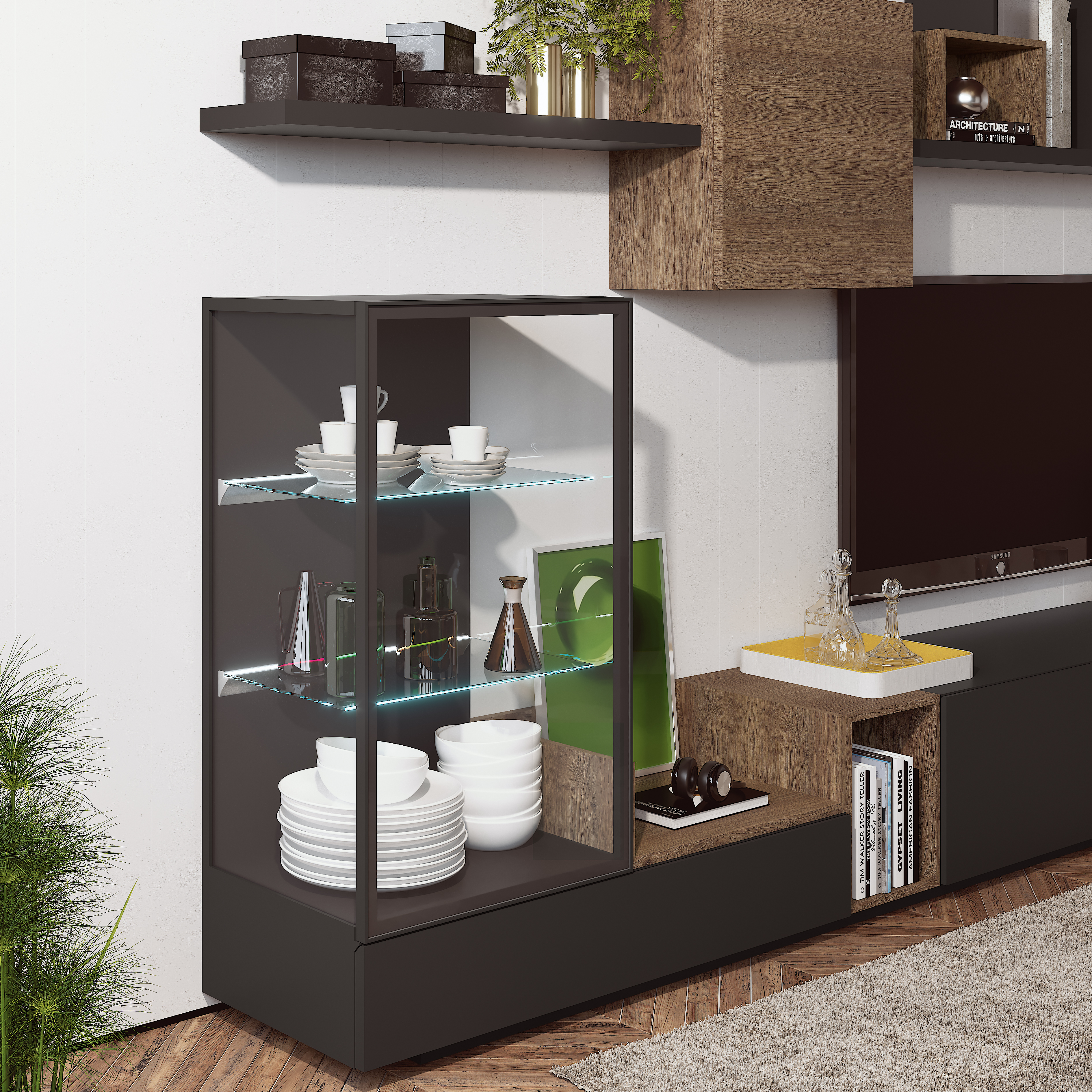 Modern Matte Black Wall Unit with Glass Shelves - Click Image to Close