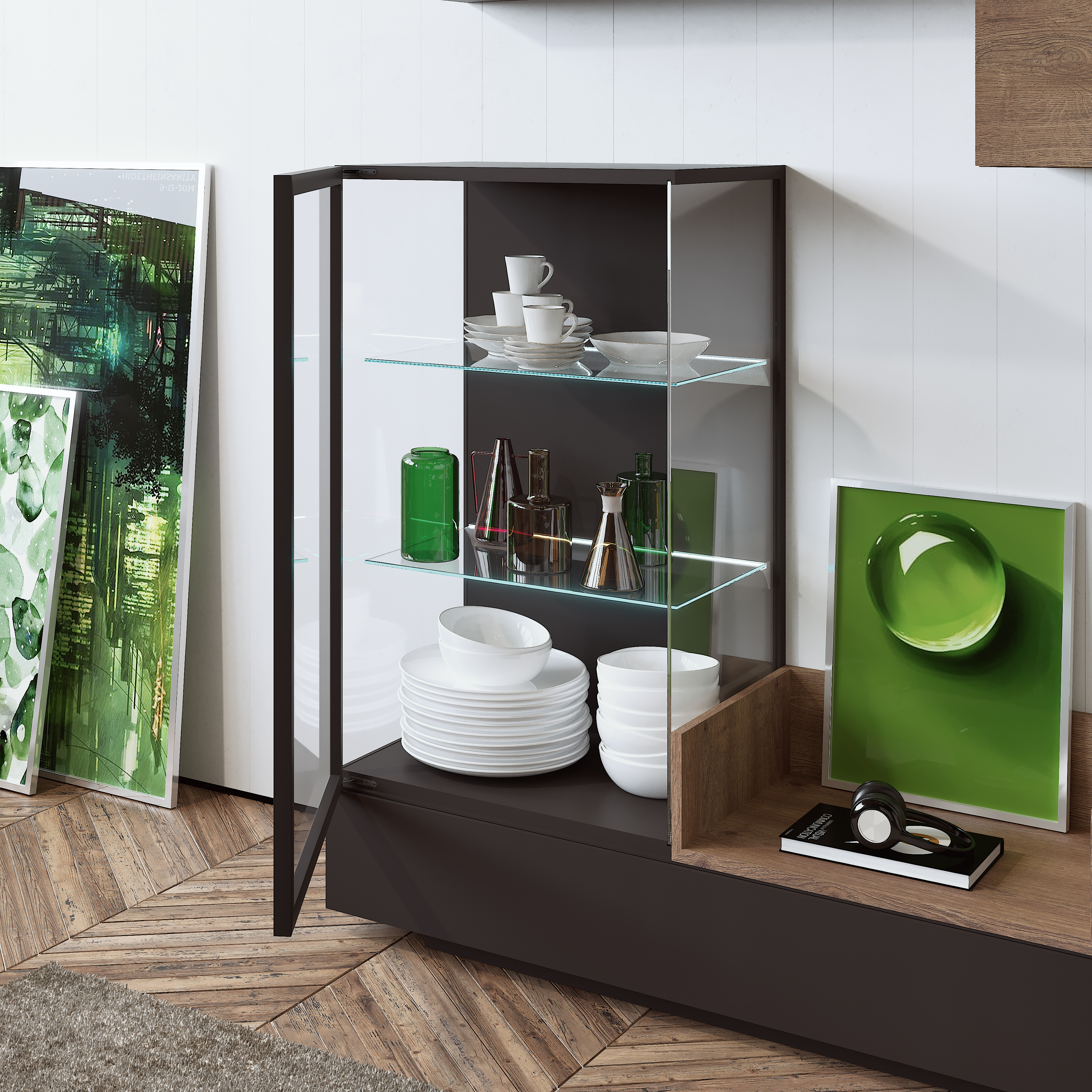 Modern Matte Black Wall Unit with Glass Shelves - Click Image to Close