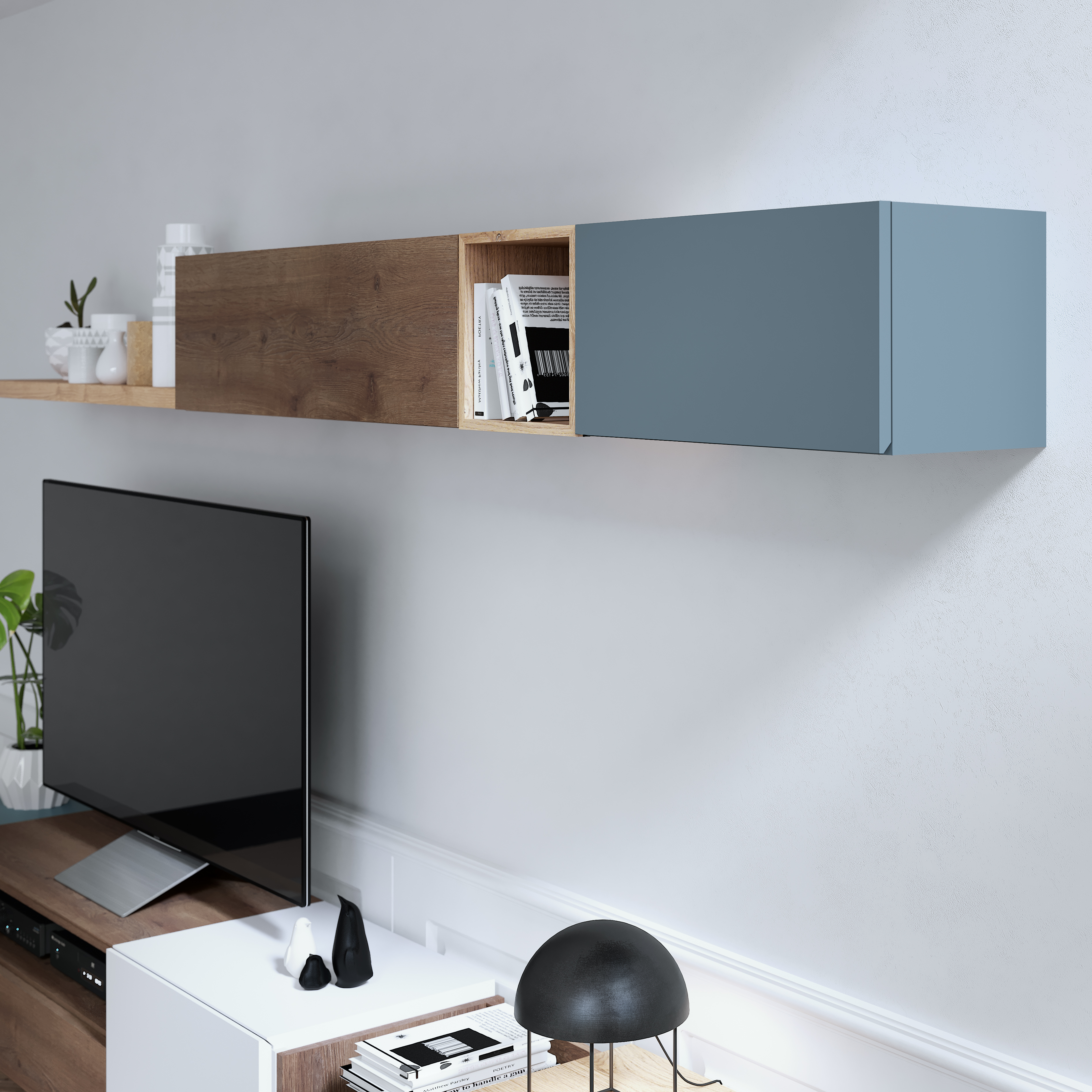 Modern Multicolor Wall Unit with Top Shelves