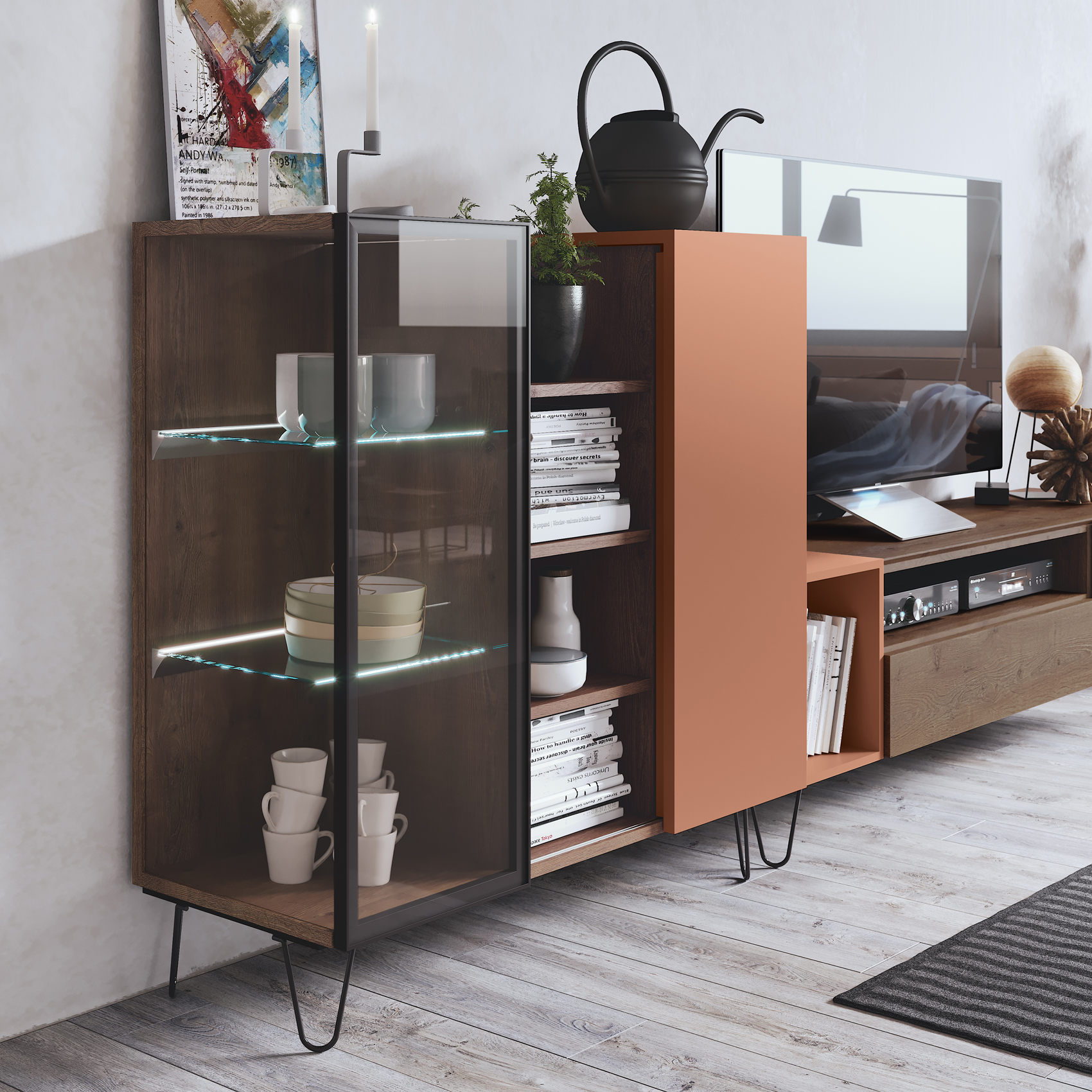 Modern Natural Wood Wall Unit with Orange Accent