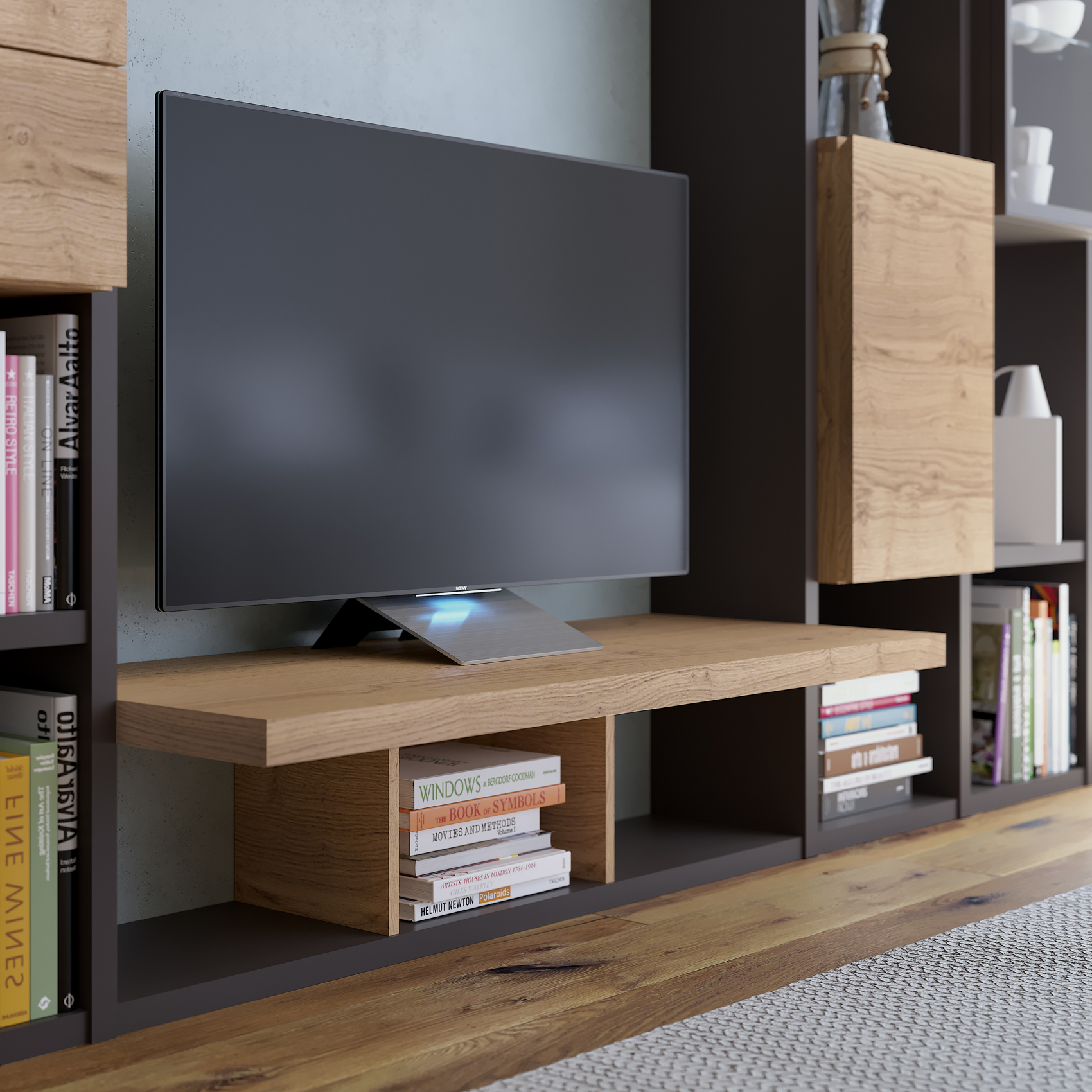 Modern Wall Unit and Book Case with Natural Wood Elements - Click Image to Close