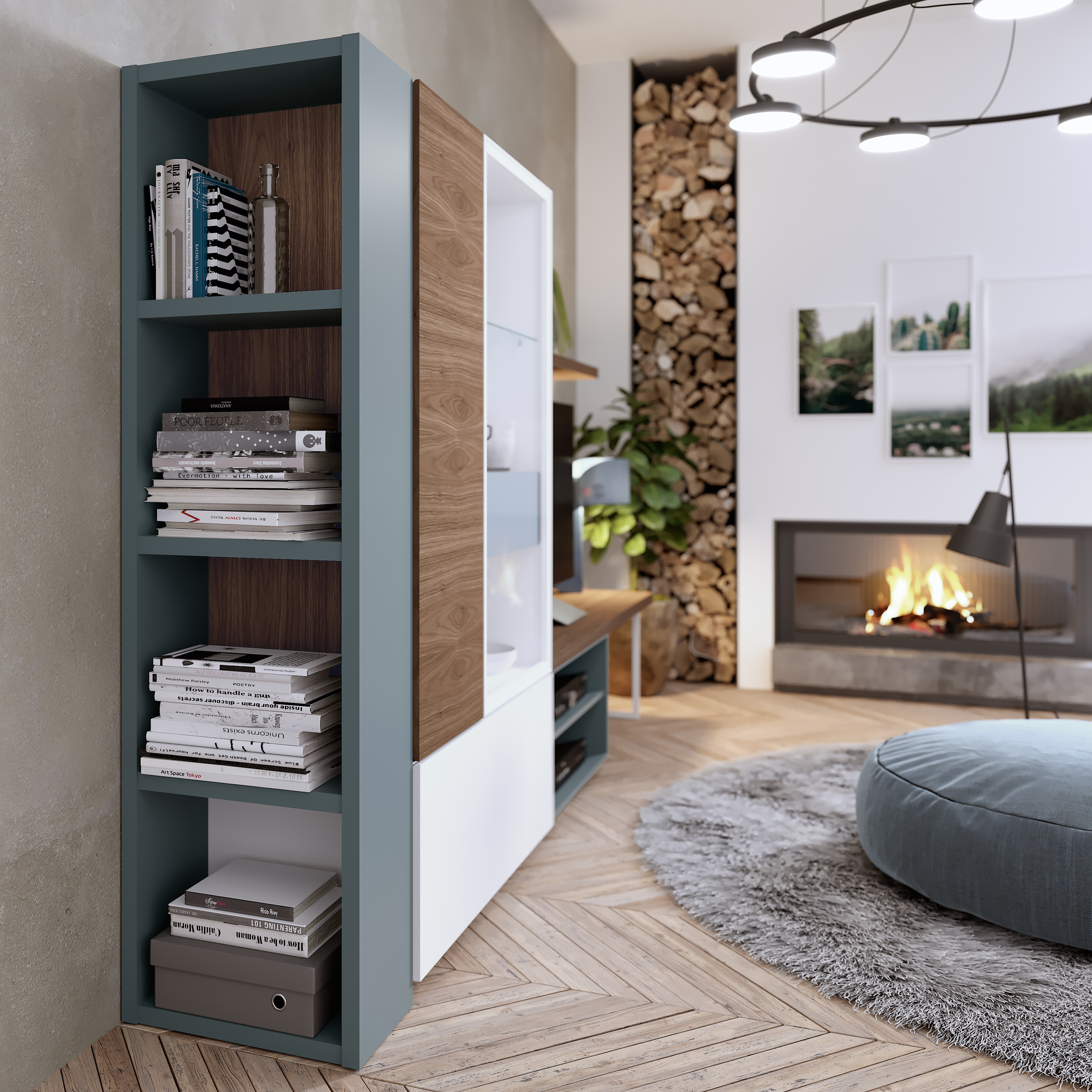 Modern Wall Unit with Blue White and Natural Wood Colors - Click Image to Close