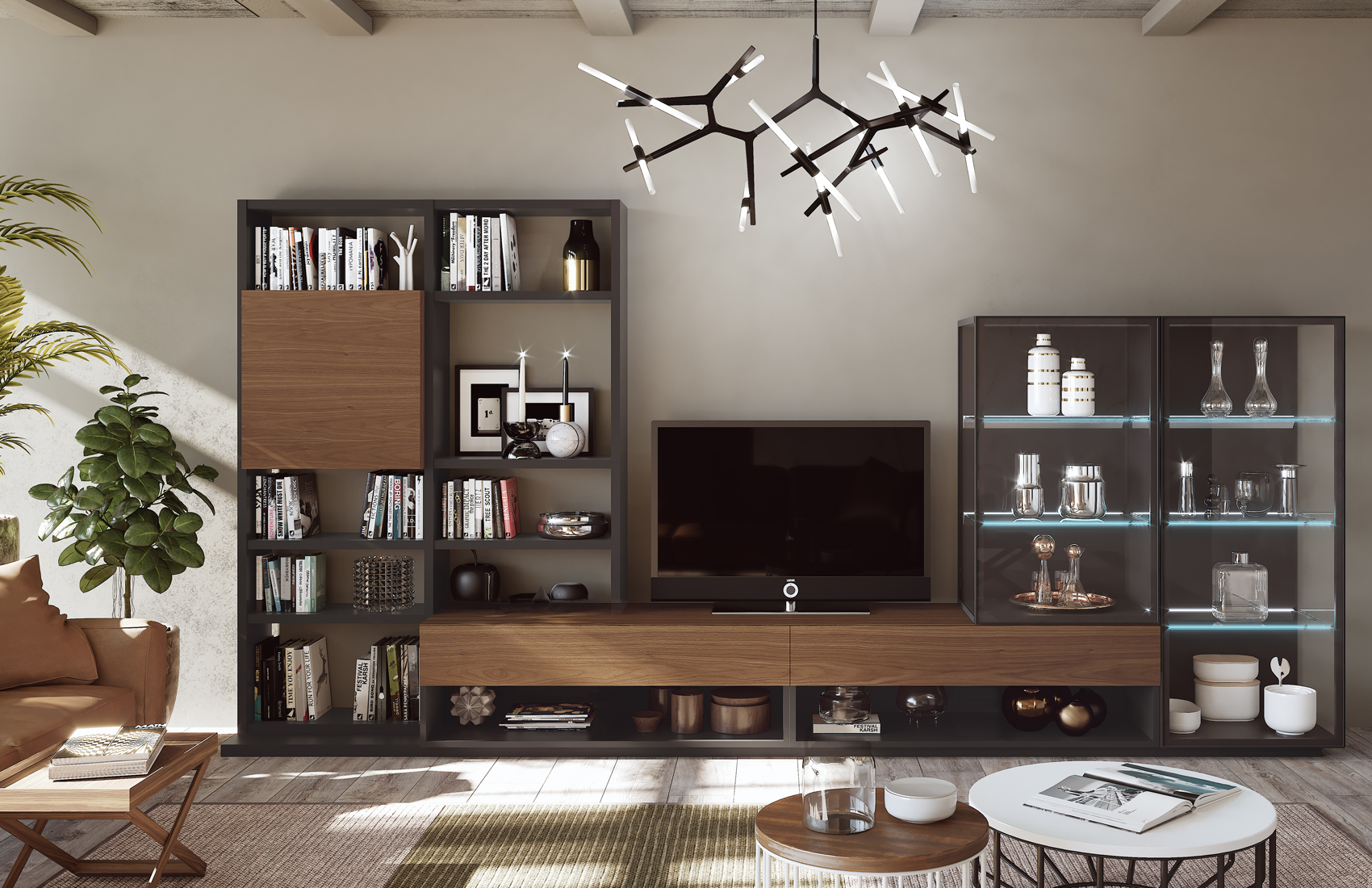 Modern Wall Unit with Natural Wood and Glass Shelves - Click Image to Close