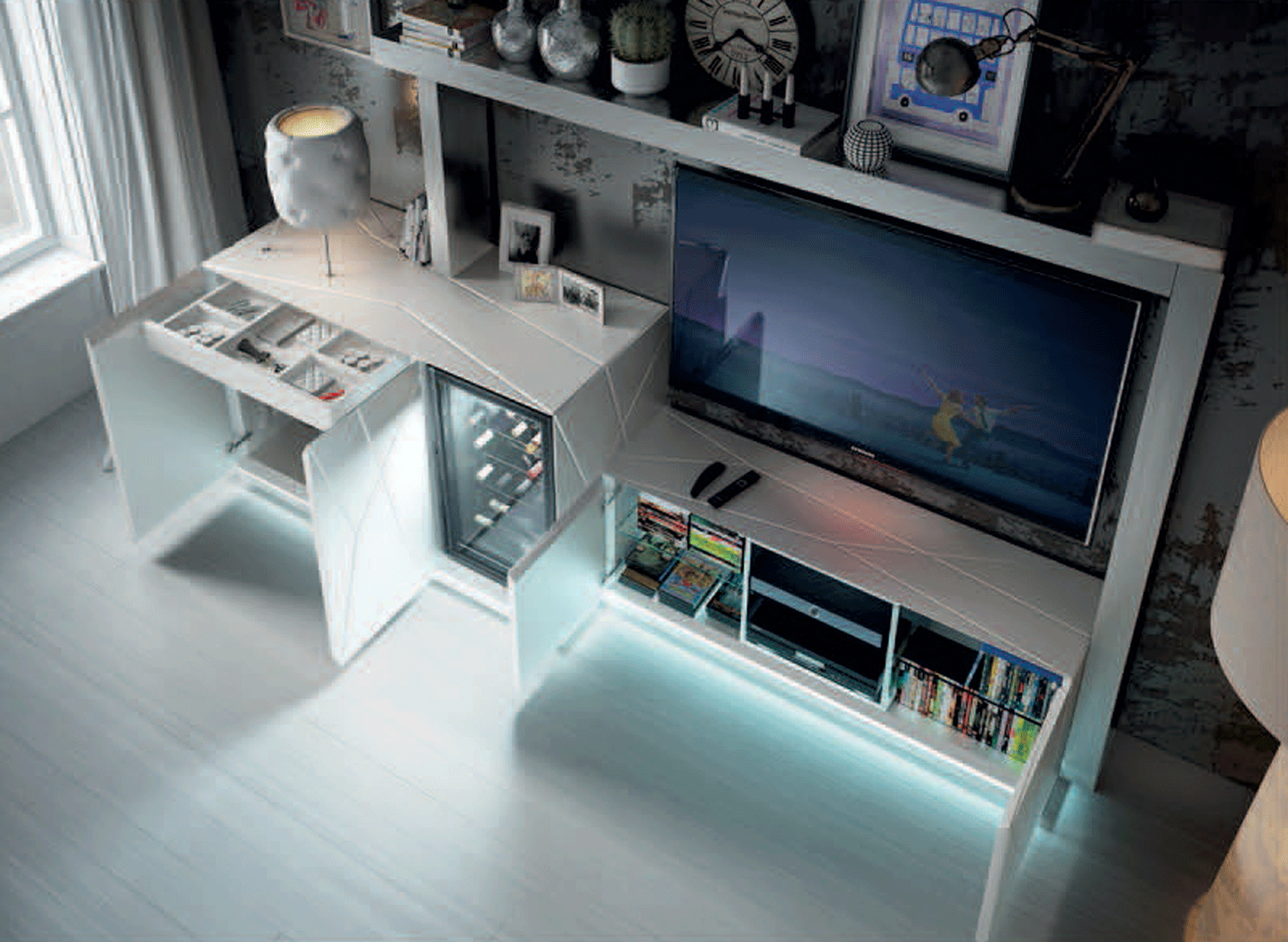 Modern White Wall Unit with Stripe Design and Lightning - Click Image to Close