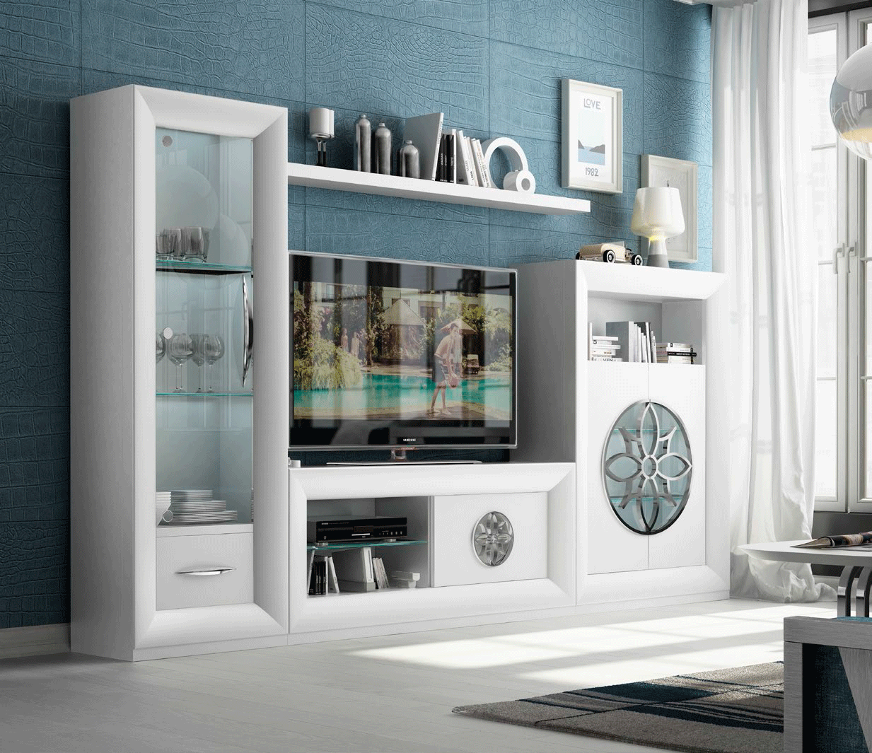 White Color Contemporary Entertainment Wall Unit