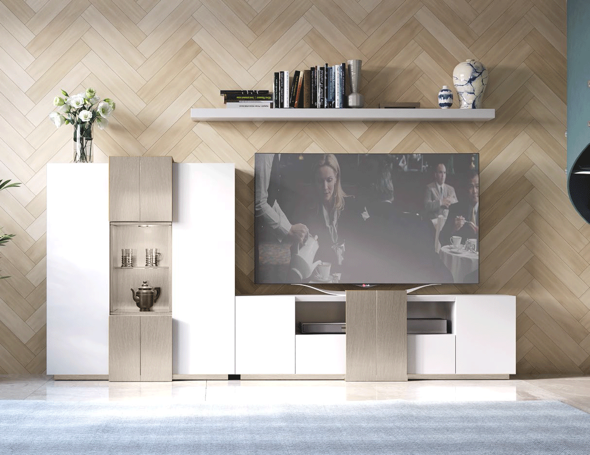 White Lacquered Contemporary Wall Unit with Dark Outer Frame
